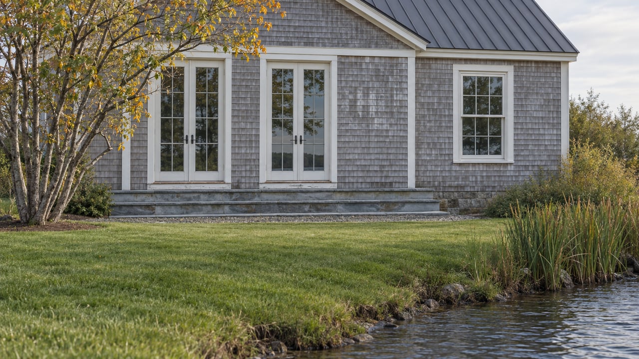 Shingle-sided waterfront house with a shallow stone porch, lawn, and rippling water along a planted bank.