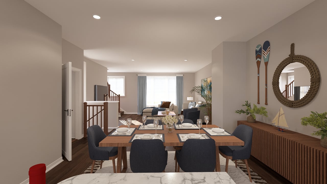 View from kitchen into dining room and living room.