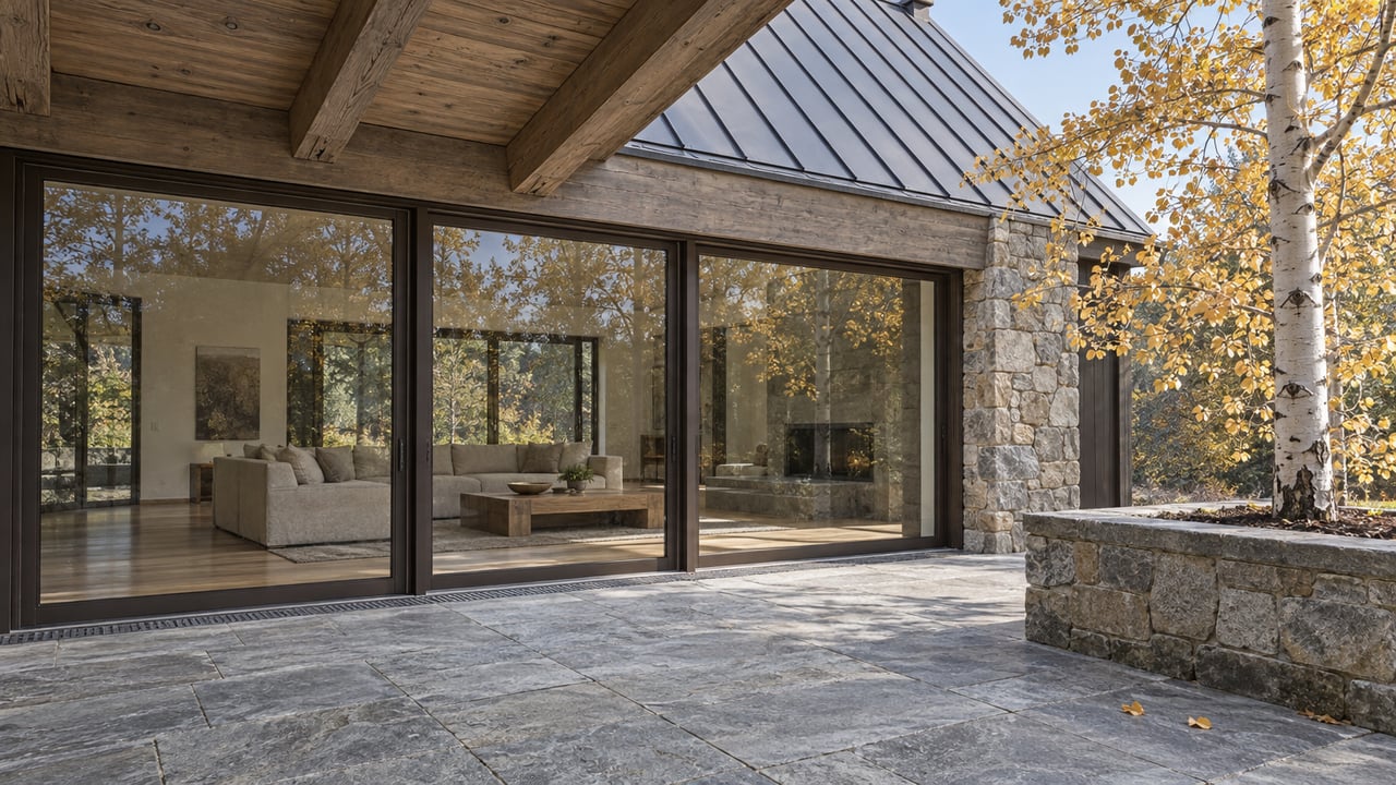 Timber-covered stone terrace beside a glazed living room, with a steep metal roof and a golden-leaved aspen in a raised stone planter.