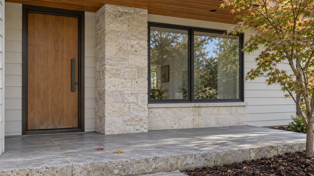 Home entrance with a tall wood door, pale stone facade, and broad stone porch.