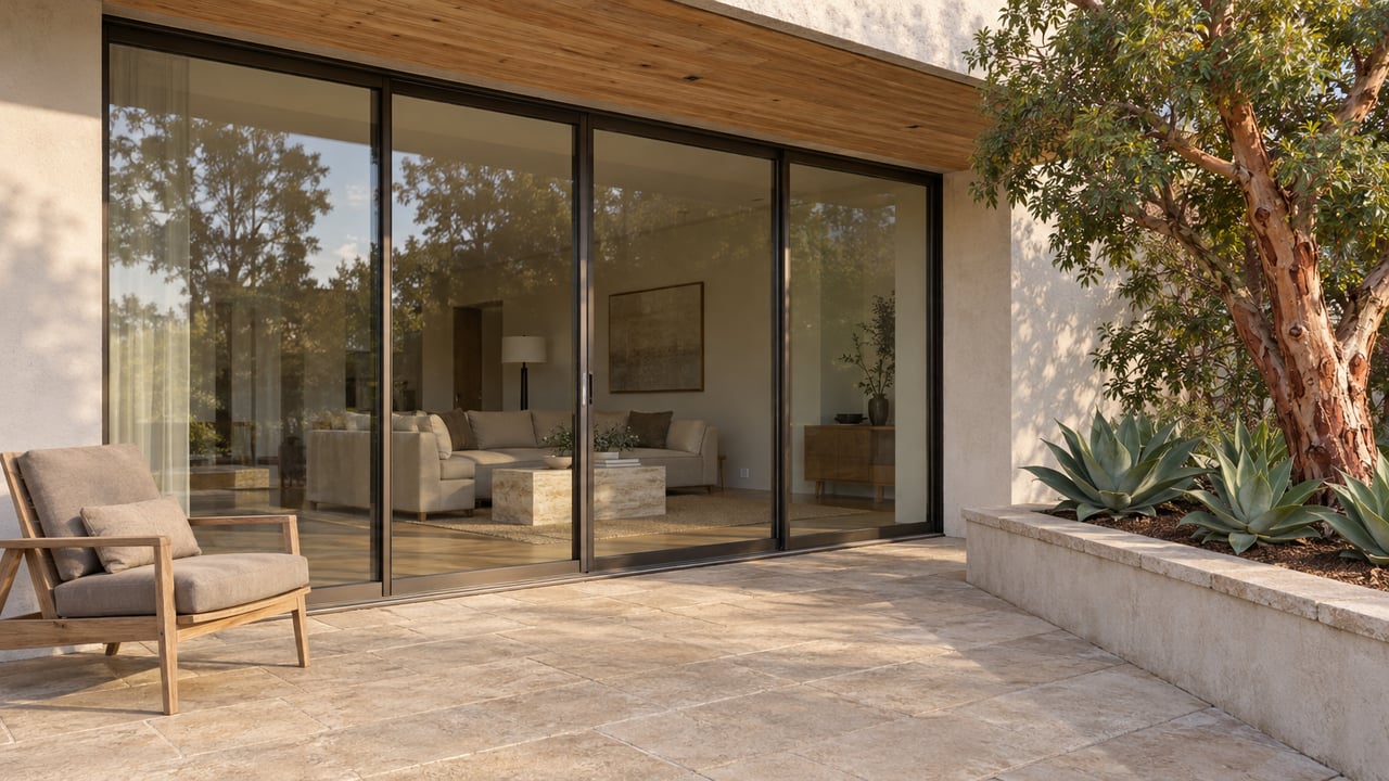 Contemporary home's limestone terrace with teak seating, cedar overhang, glazed living room and a sculptural strawberry tree in a raised planter.