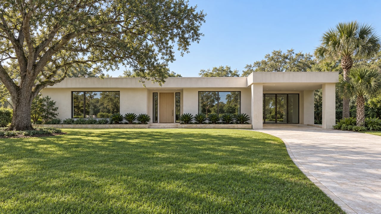 White single-story residence behind a broad lawn, with a mature live oak, two palms, pale stone driveway and shaded glass loggia.