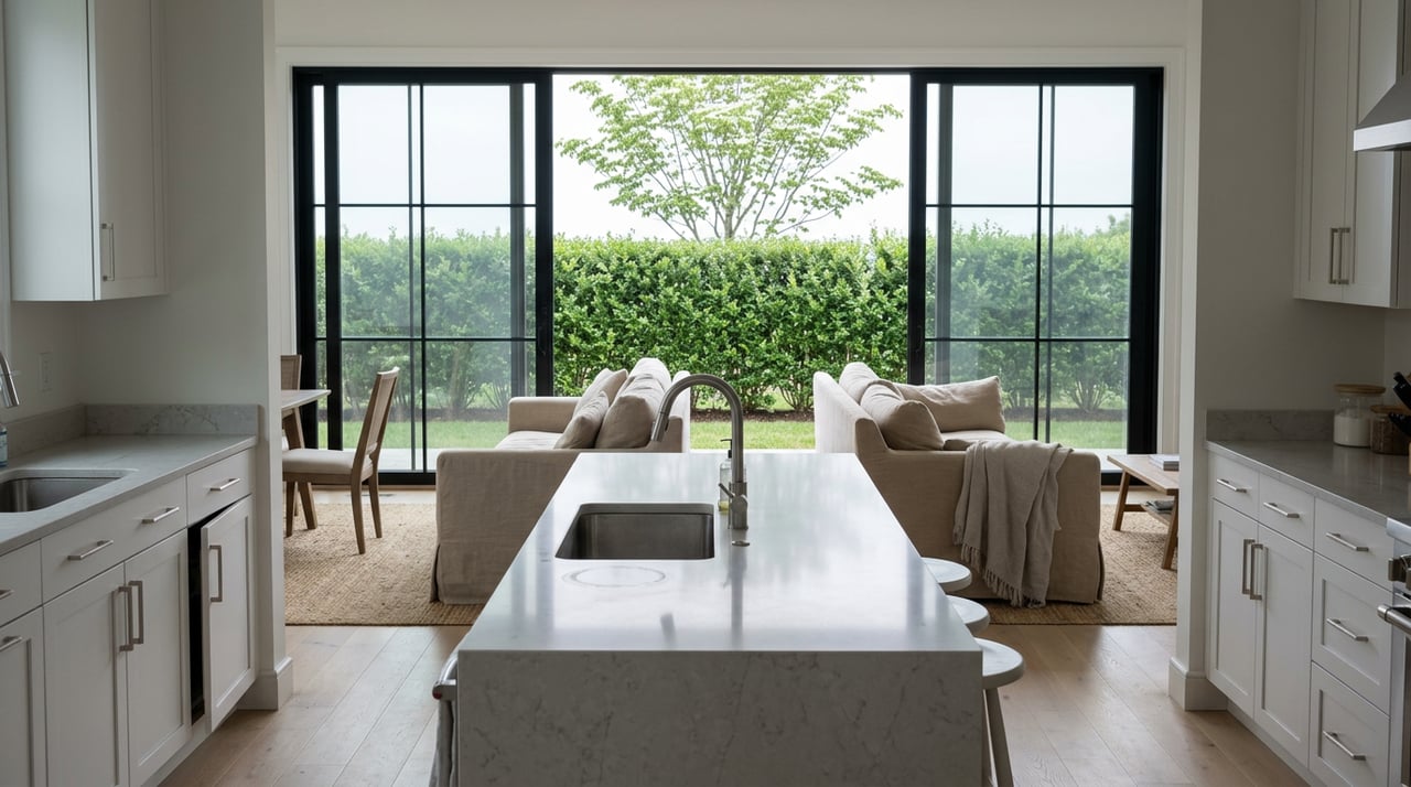 Kitchen island overlooking a great room, with a black-framed window facing a hedge and dogwood tree.