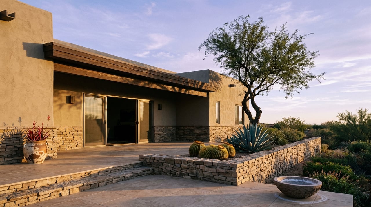 Estate facade, stone terrace, desert plants, mesquite canopy, and violet dusk sky.