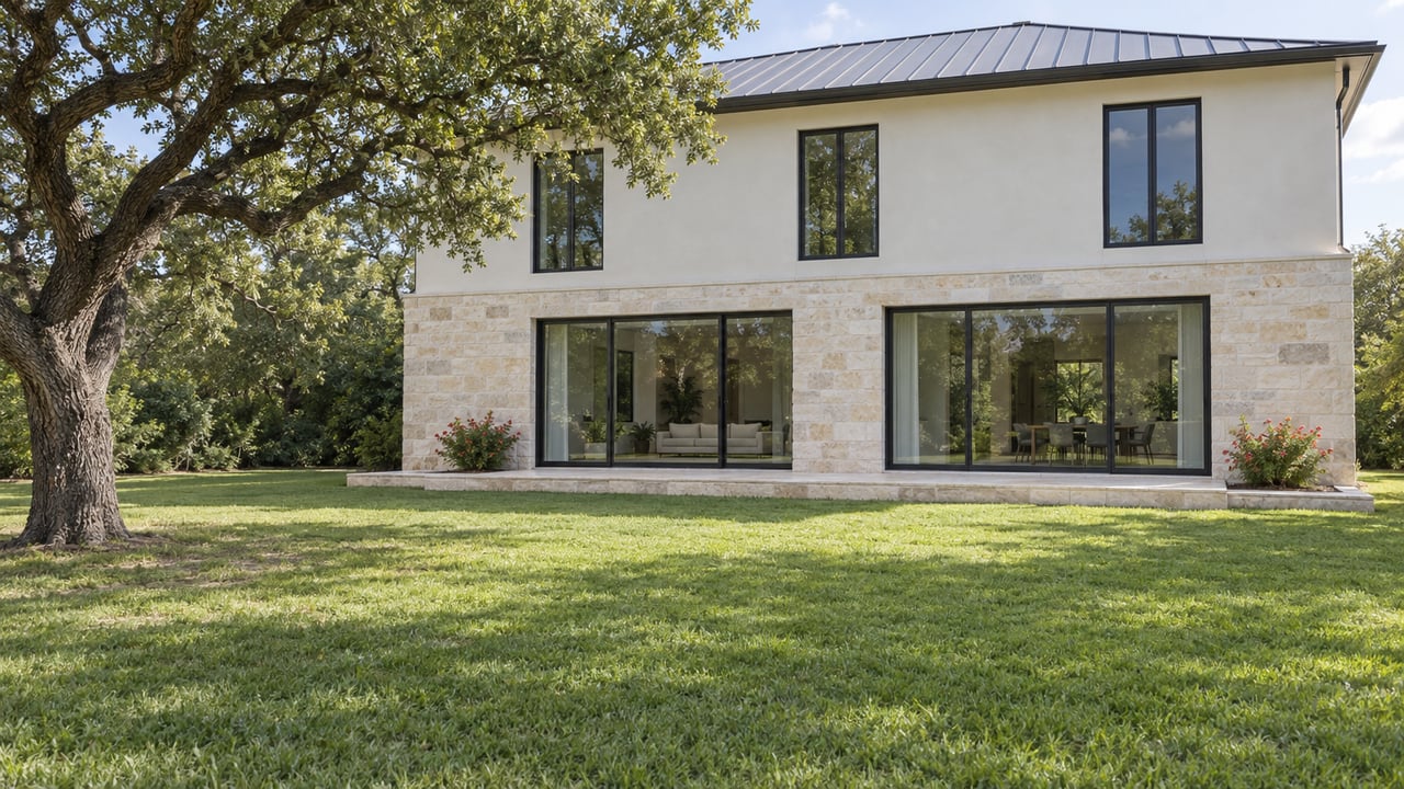 Broad lawn leads to a two-story home with limestone lower walls, glazed doors, and a mature tree.