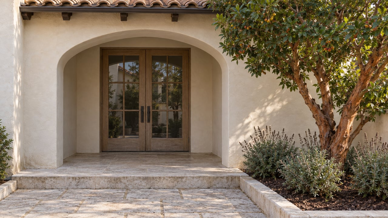 Arched ivory-stucco entrance with closed oak-framed glass doors, weathered clay roof tiles, a limestone approach, and a strawberry tree beside gray-green sage.