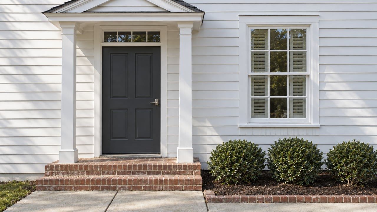 White lap-sided home entry with a charcoal door, paired portico supports, red brick steps, and three compact yaupon hollies.