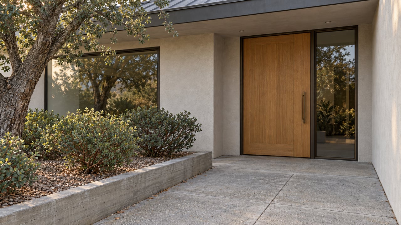 Covered home entry with an oak door, bronze-framed glazing, gray stucco and a concrete walk beside blue oak and manzanita.