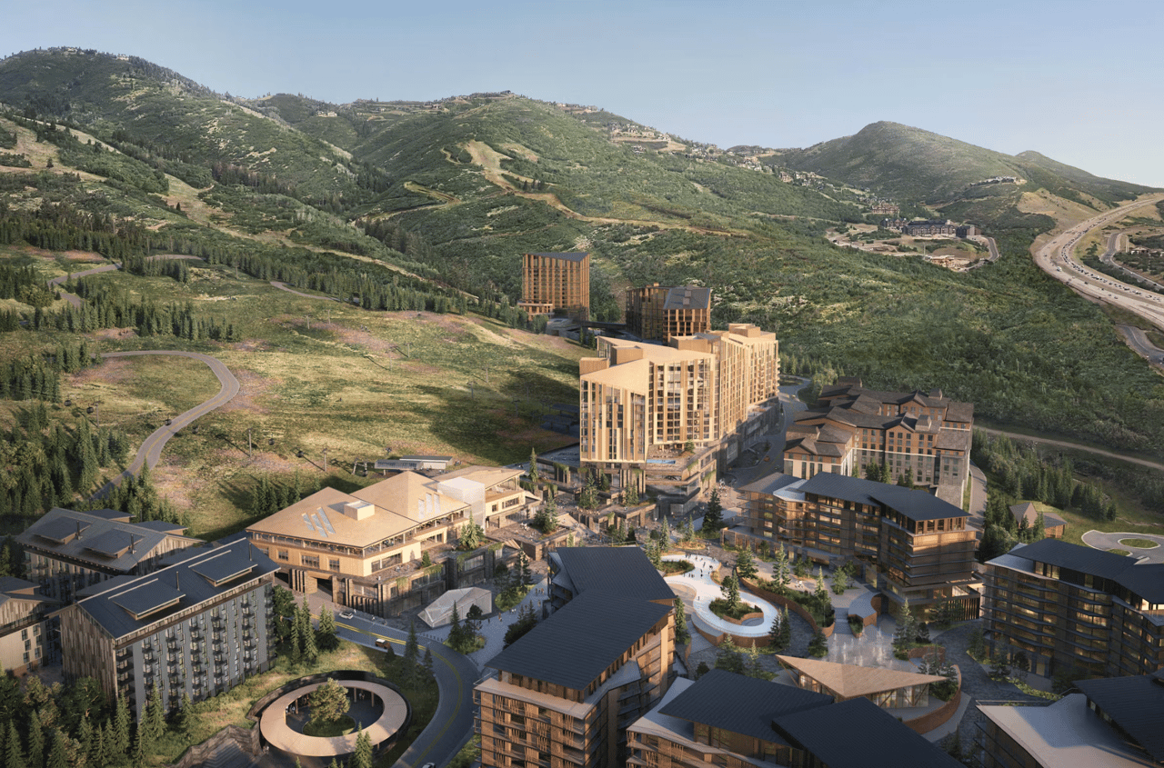 Aerial rendering of Deer Valley East Village base area with hotels, residences and lifts above Jordanelle