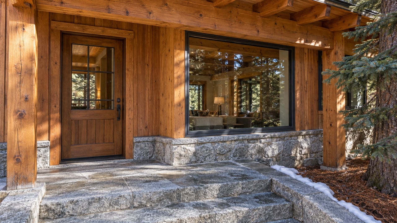 Cedar cabin entry with deep timber eaves, large enclosed windows, granite steps and a trace of snow beside a red fir.