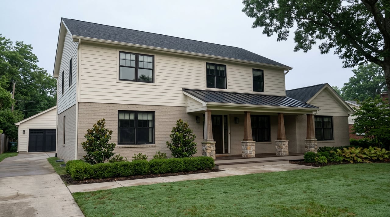 Two-story cream-sided home with a greige brick lower level, covered porch, mature oak, and detached garage beyond the lawn.