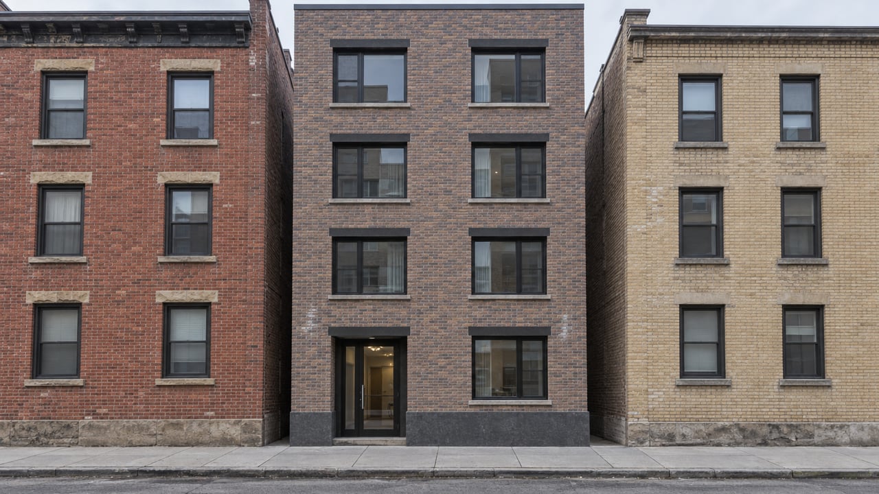 Five-story gray-brown brick apartment building between older red- and buff-brick neighbors, with recessed windows and lobby entrance.