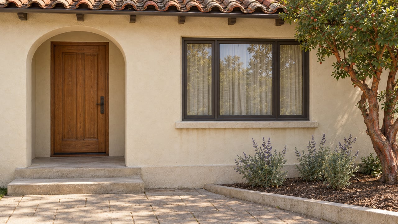 Cream stucco home with a recessed arched wooden entry, weathered terracotta roof tiles, and a small planted bed beside pale concrete steps.