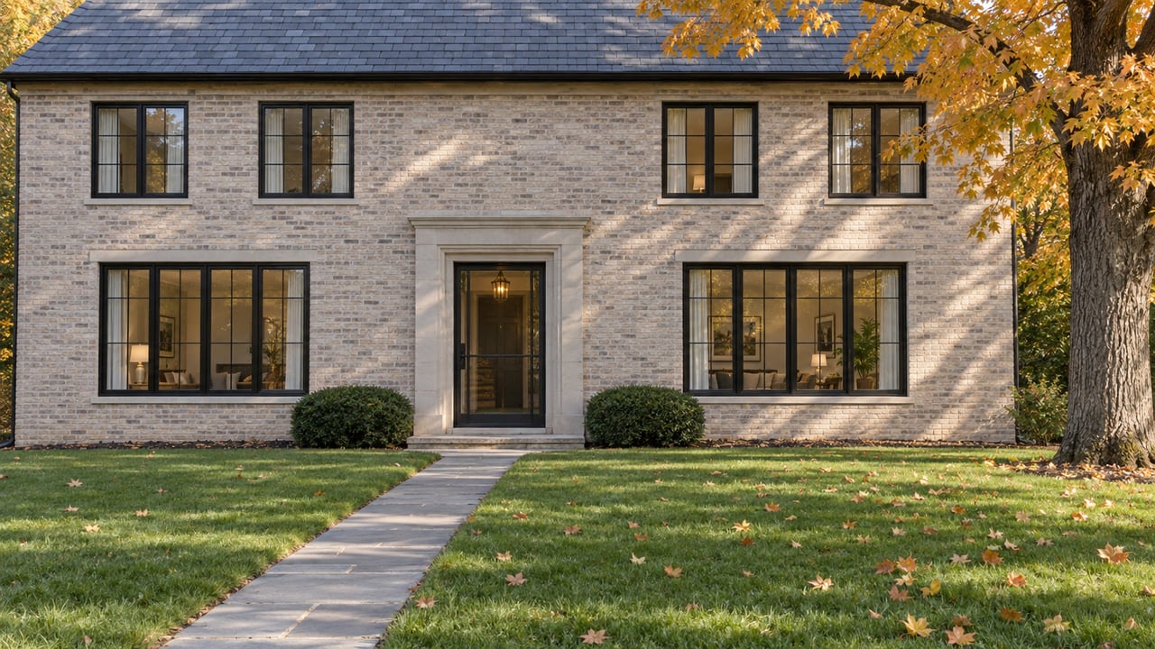 Two-story pale brick home with a dark slate roof, black-framed windows, and a stone path across a deep lawn.