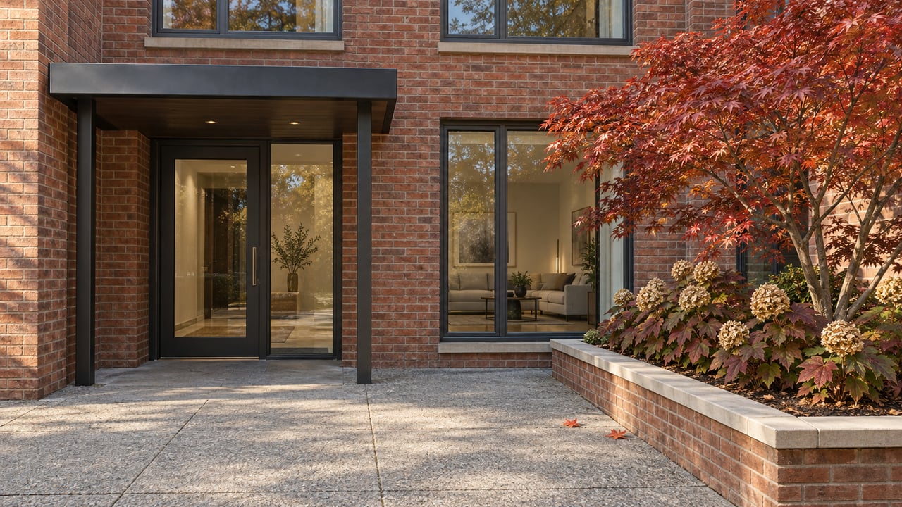 Brick condominium entrance with bronze-framed windows, a concrete entry court, and a copper-red Japanese maple in a raised brick planter.