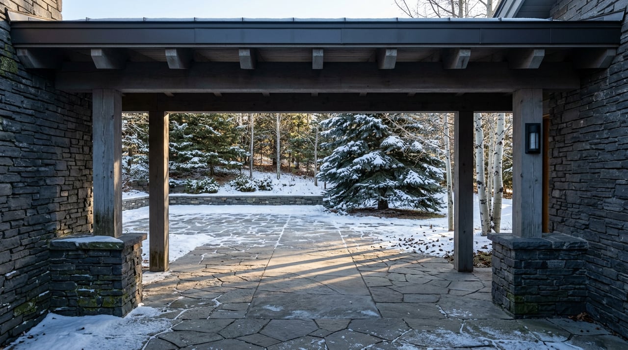 Snow-dusted stone court framed by timber posts, with a snow-laden spruce and bare aspens beyond.