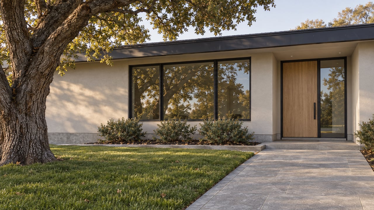 Pale single-story home with an oak entry door, black-framed windows, limestone approach, broad lawn and a mature coast live oak.