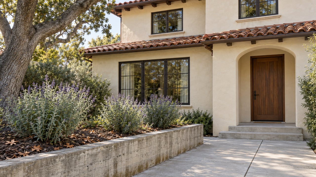 An ivory stucco home with terracotta roof tiles, dark windows and a recessed walnut entry beside a mature oak and raised sage bed.
