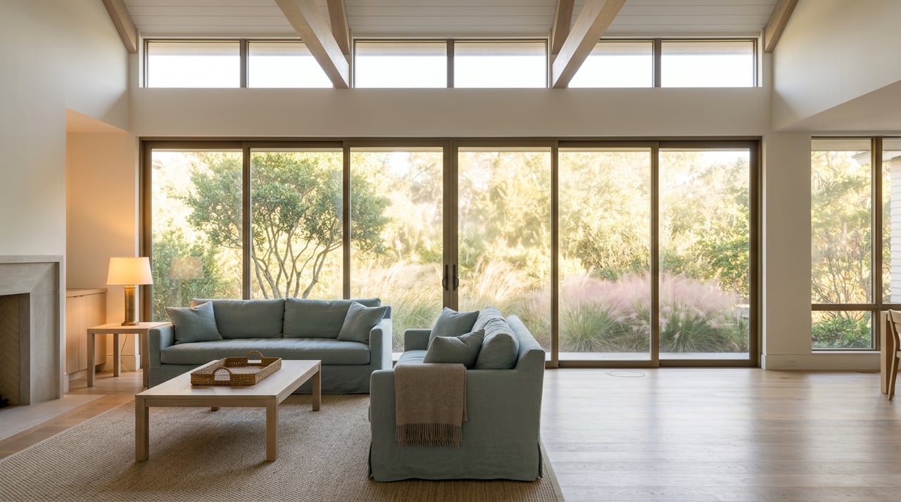 Coastal great room with vaulted wood beams, a sea-glass blue sofa, and sculpted greenery beyond the glass wall.
