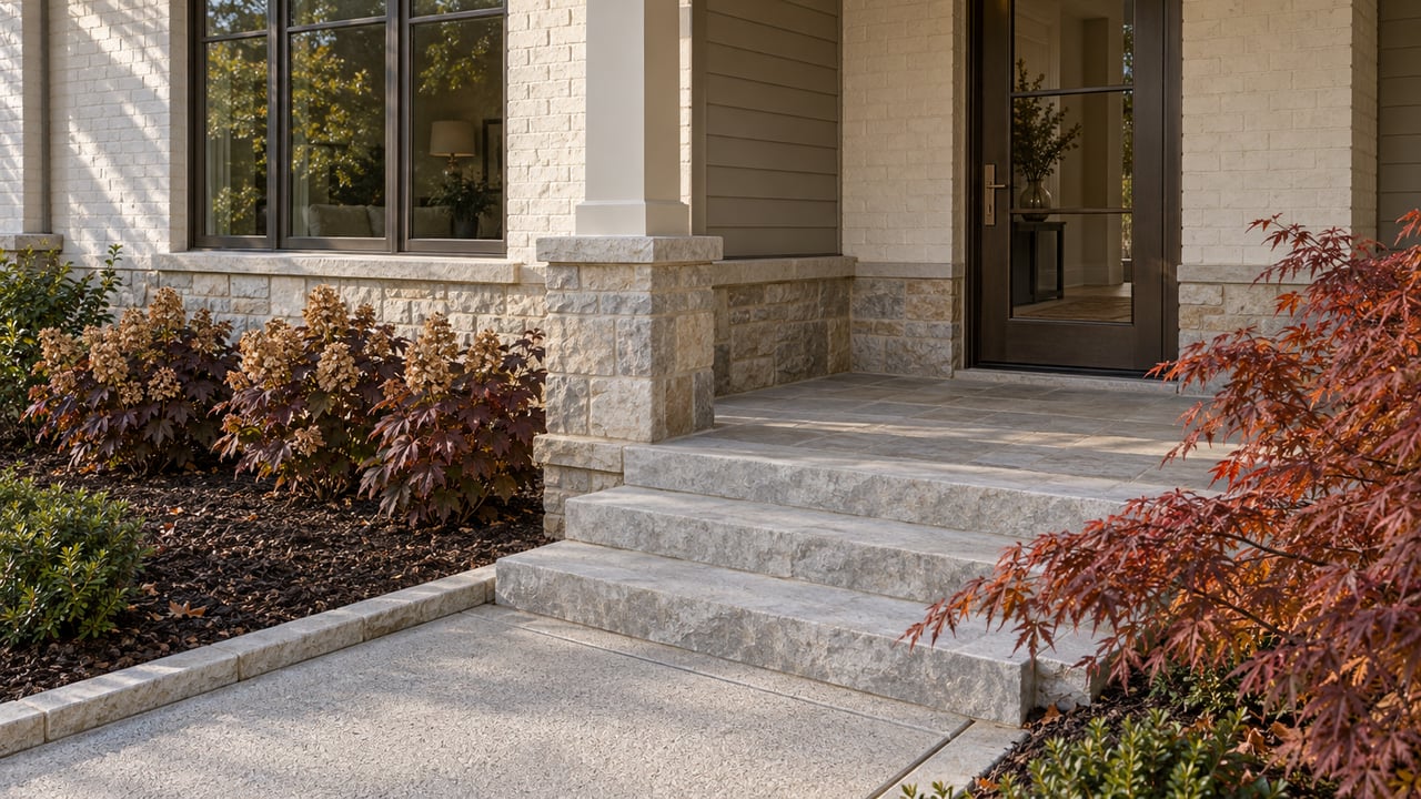 Painted-brick porch with limestone steps, bronze-framed glazing, and copper-red Japanese maple beside oakleaf hydrangeas.
