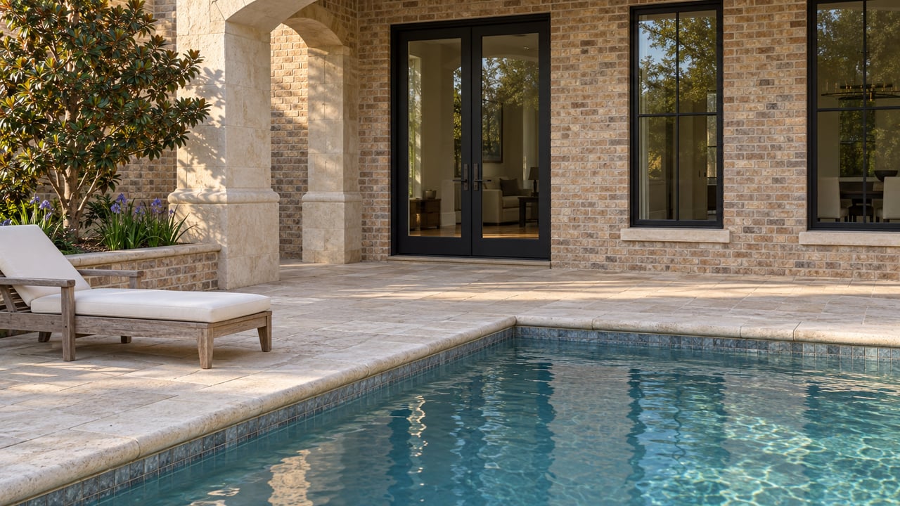 Sunlit limestone pool coping beside a covered patio, with buff brick, glazed double doors and a magnolia in a raised planter.