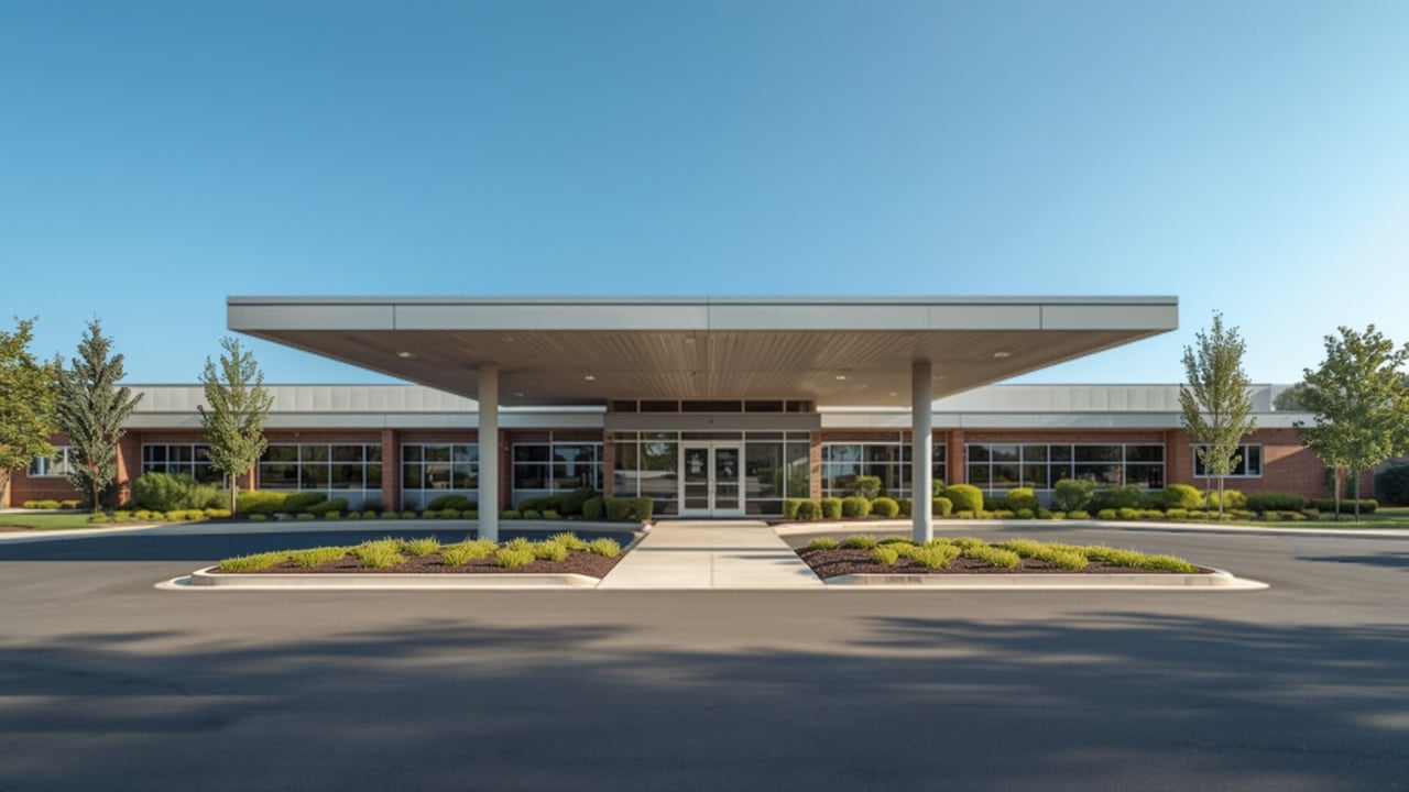 Single-story brick-and-glass building with a broad entrance canopy and landscaped beds.