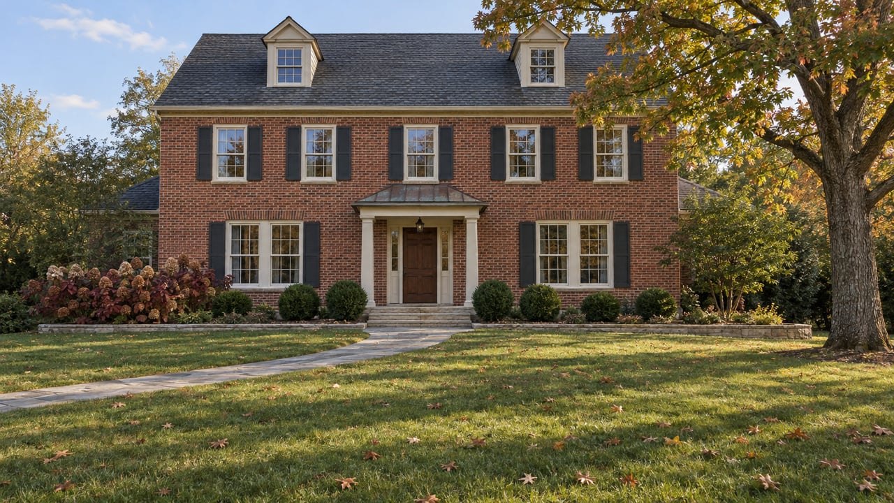 Traditional red-brick home beyond a broad autumn lawn, with a curved stone walk, covered entrance, and mature oak.