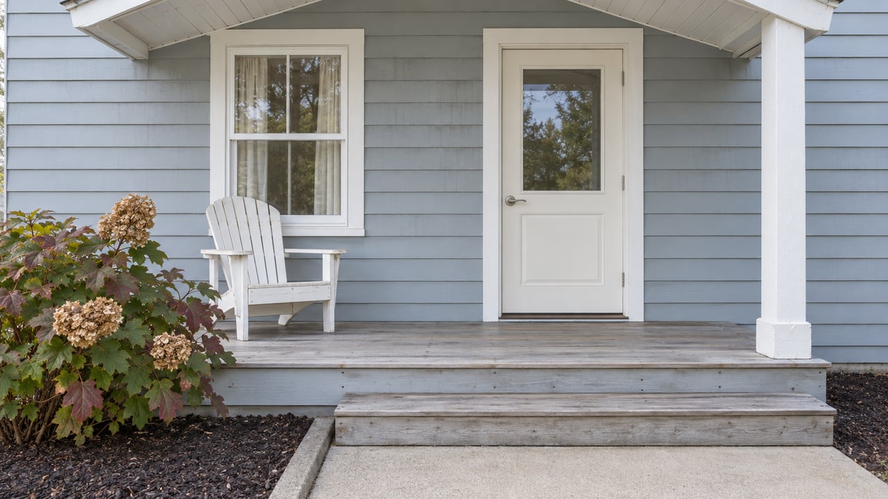 Pale blue-gray home entry with white trim, weathered porch decking, a white chair, and an oakleaf hydrangea showing autumn color.