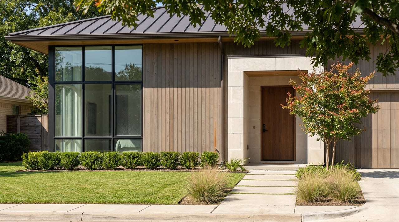 Cedar-sided suburban home with black-framed windows, limestone entry, and red-orange autumn foliage beside the lawn.