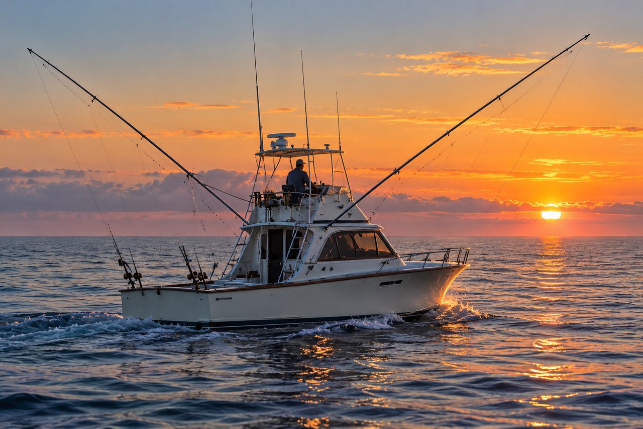 Sport-fishing boat cruising across the ocean at sunset, with tall outriggers and orange reflections on the water.