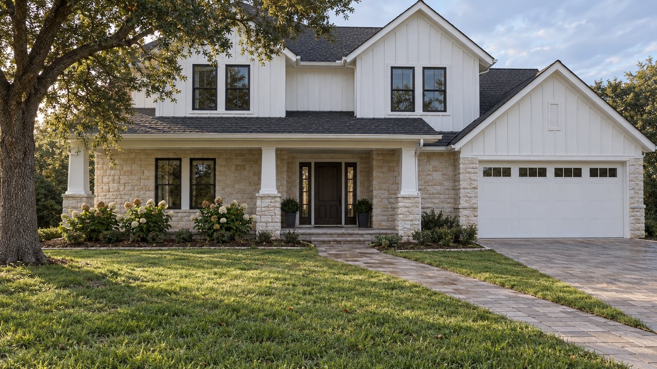 Gabled home with white board-and-batten walls, limestone veneer and a deep porch beyond a broad lawn and rain-darkened paver walk.