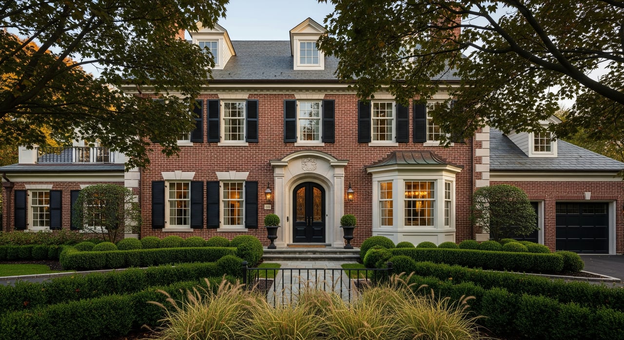 Red-brick colonial-style house with black shutters, arched entry, dormers, clipped hedges, and framing trees.