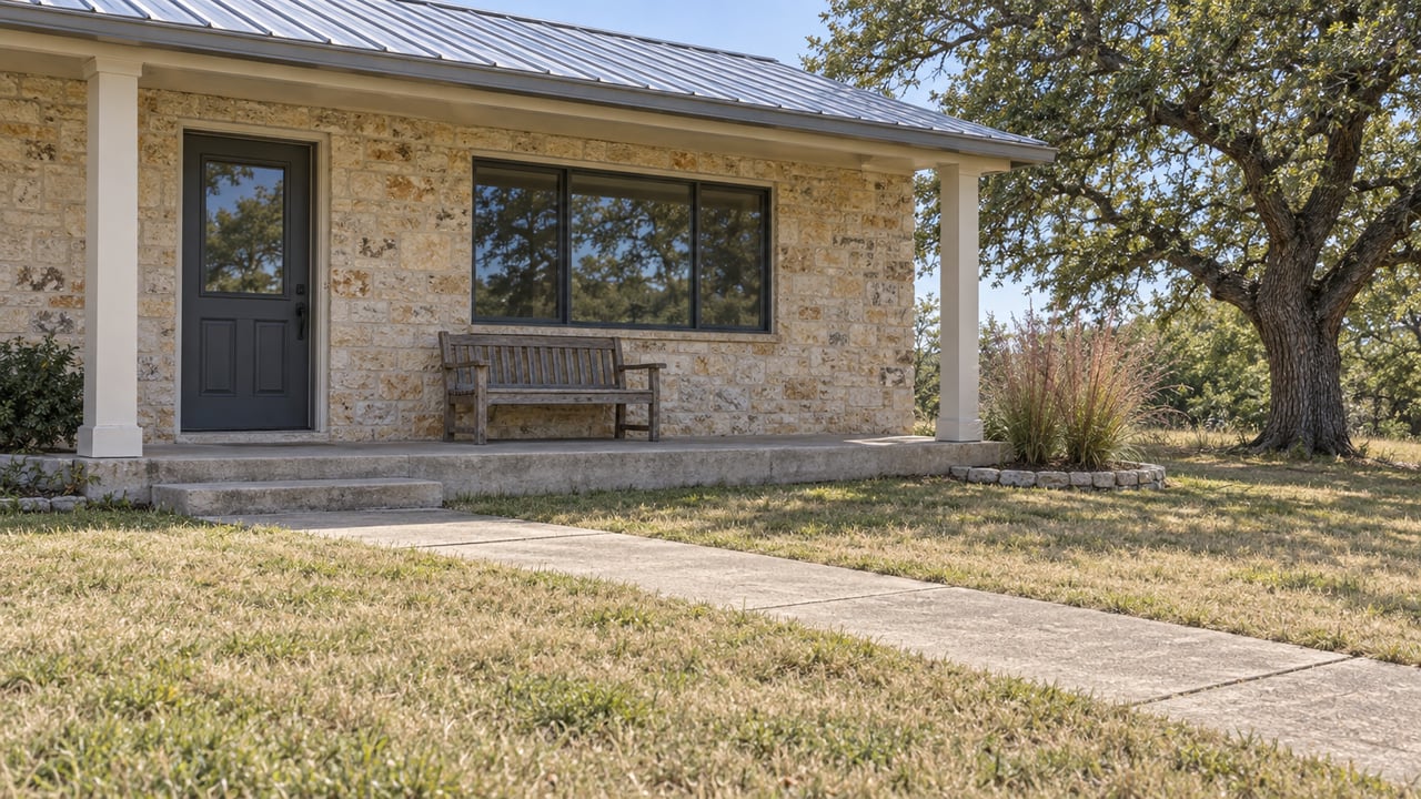 A limestone ranch-house porch with a weathered cedar bench, metal roof and tawny lawn beneath a spreading live oak.