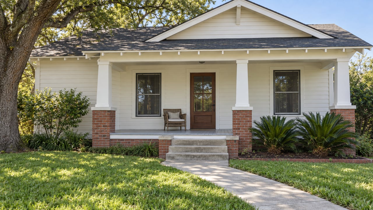 White timber-sided bungalow with a covered porch, brick column bases, a concrete front walk and an established live oak.