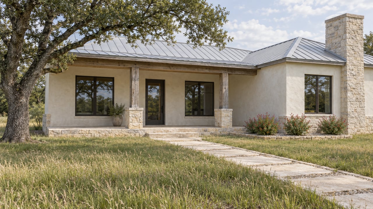 A low stone-and-stucco home with a silver metal roof, recessed porch, and limestone walk beneath a spreading mature oak.