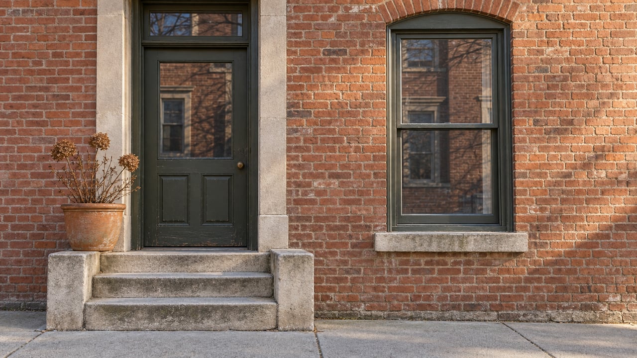 Winter sunlight across a red brick rowhome entrance, worn limestone steps, olive-painted door and tall sash window.