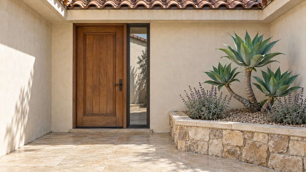 Sunlit stucco home entrance with an oak door, terracotta roof tiles, limestone paving and a stone planter containing agave and sage.