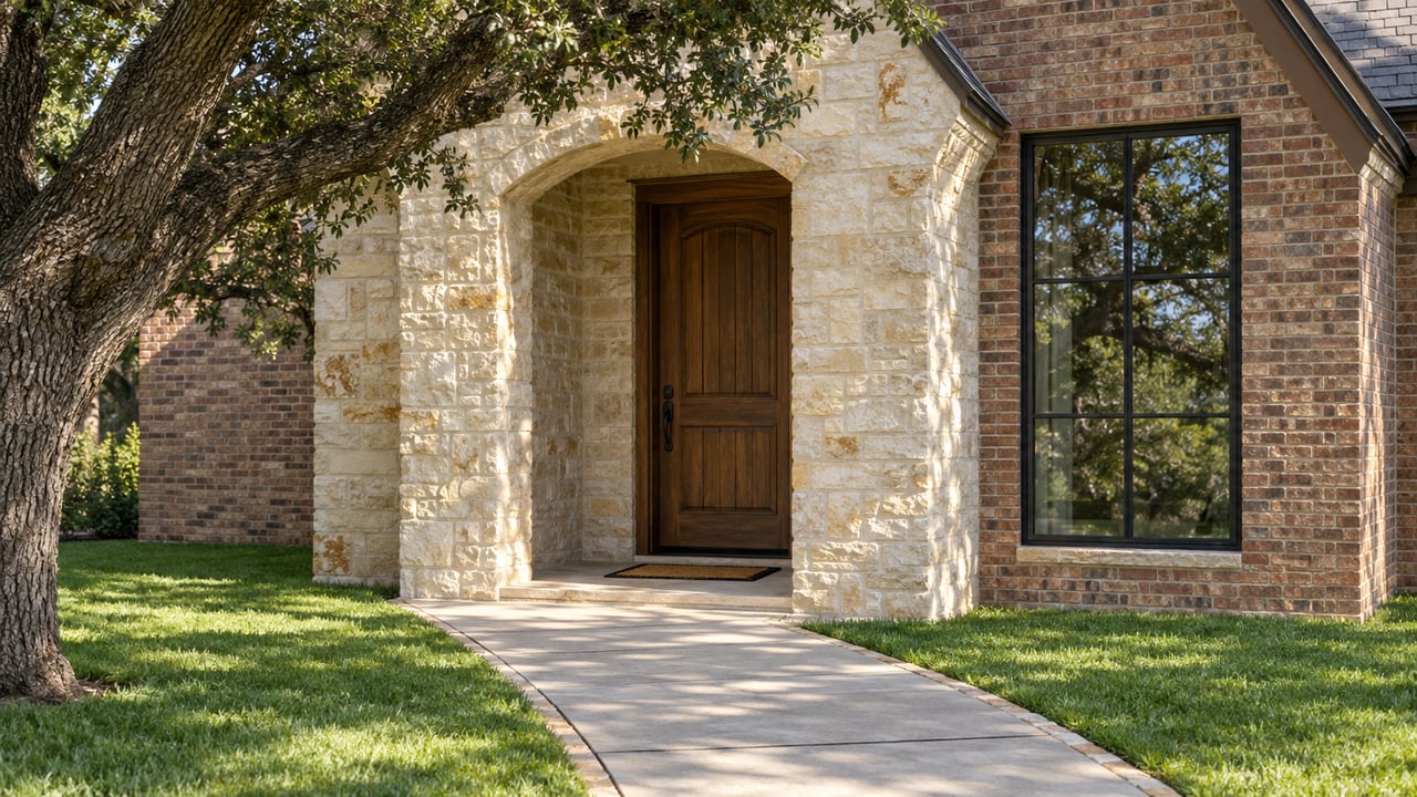 Limestone arch surrounds an oak door in a brick house, beside a black-framed window and lawn.