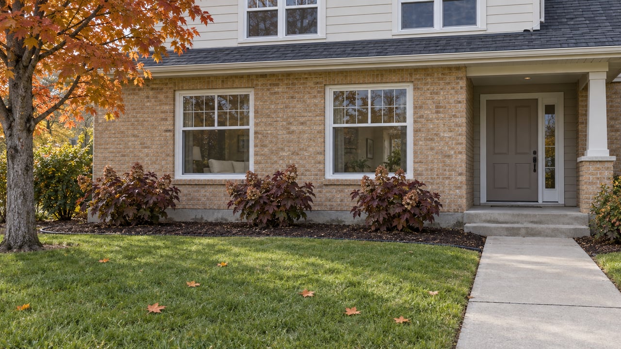Buff-brick and cream-sided home with paired windows, a recessed entrance and an autumn front garden.