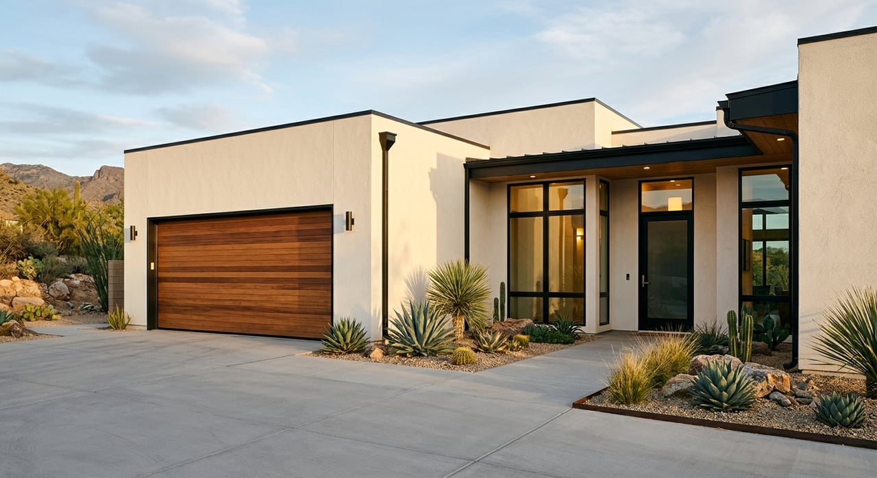 Modern stucco home with cedar garage door, black-framed windows, and desert plants in a gravel bed.