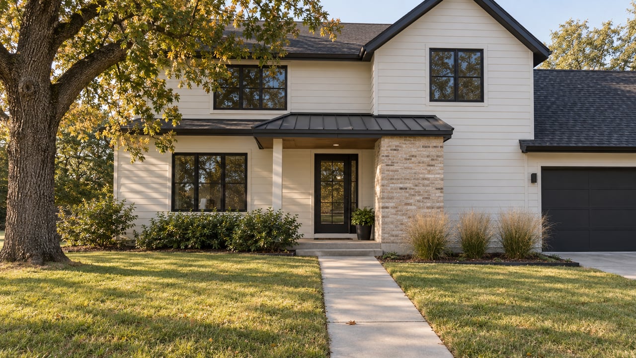 Two-story off-white suburban house beyond a deep lawn, with a straight walk, brick entry pier, and oak tree.