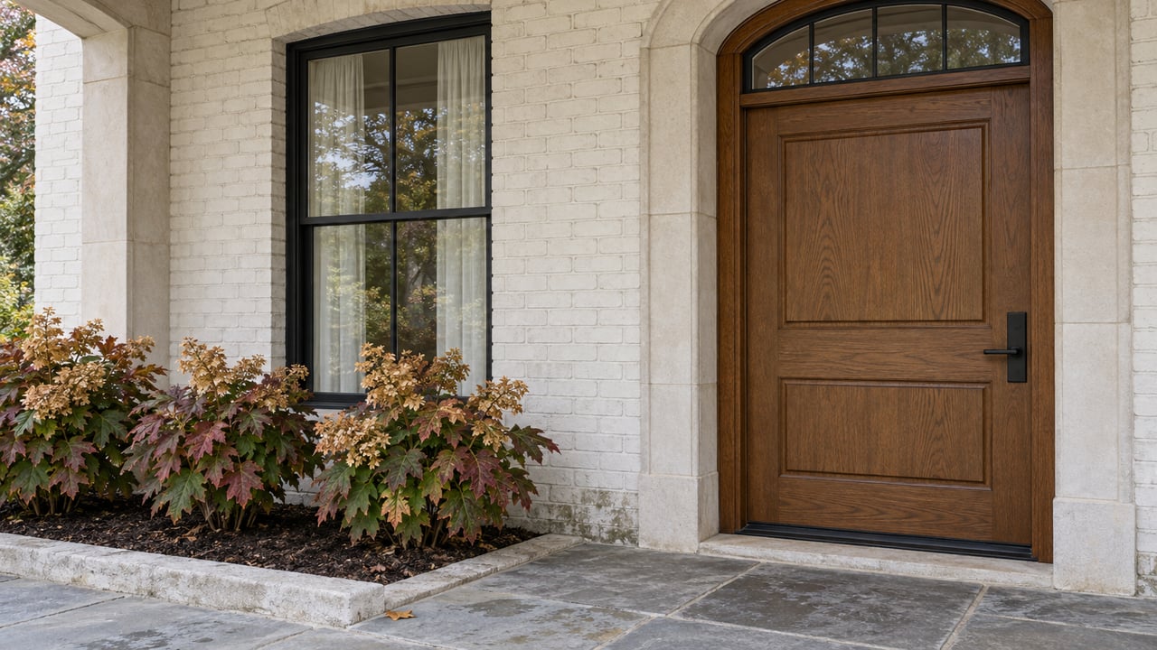 Close view of an oak front door beneath a limestone arch, beside a black-framed window, with bluestone paving and autumn oakleaf hydrangeas.