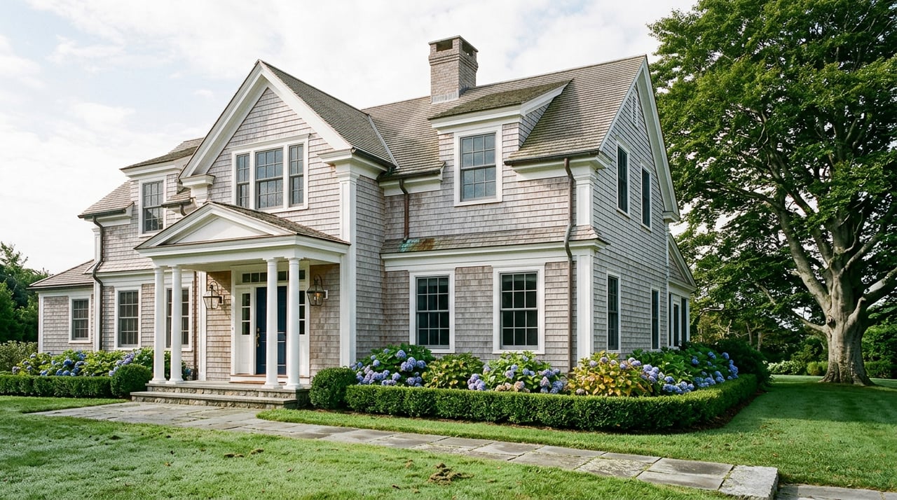 Silver-gray shingle house with a navy door, white-columned entry, boxwood hedge, and dew-dark lawn.