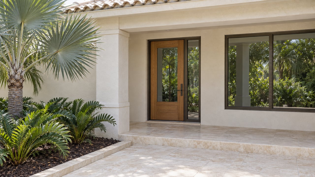 Sunlit pale stucco home entry with a glazed oak door, limestone steps and a silver fan palm beside a planted bed.