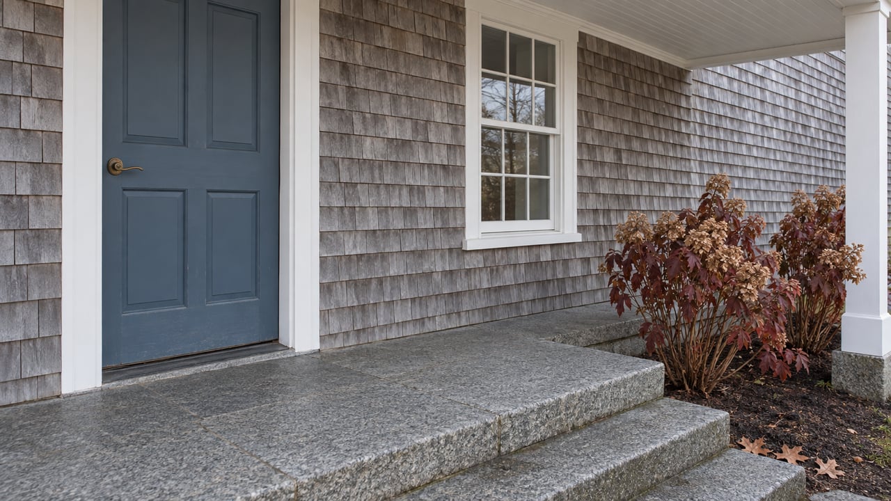Weathered cedar entrance with a muted blue door, white sash window, granite steps and late-fall oakleaf hydrangeas.
