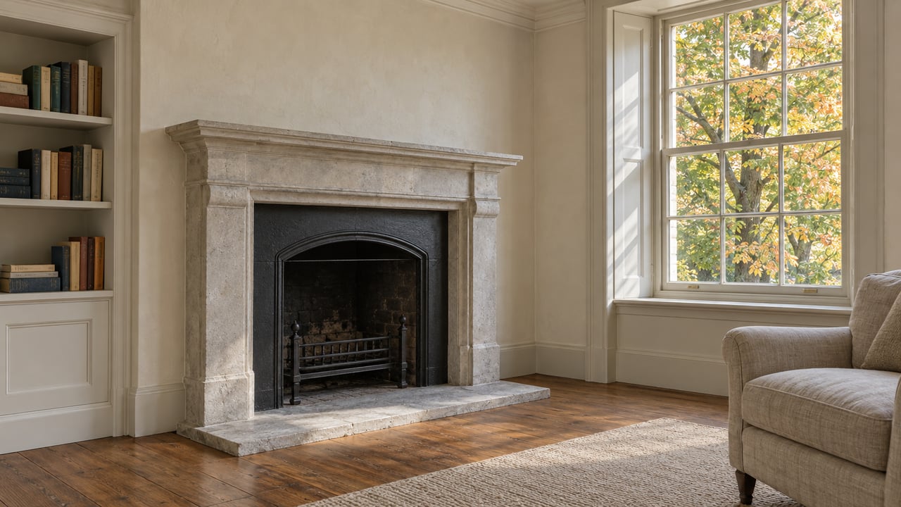 Sunlit sitting room with a limestone fireplace, painted bookcase, divided-light window and linen armchair on oak flooring.