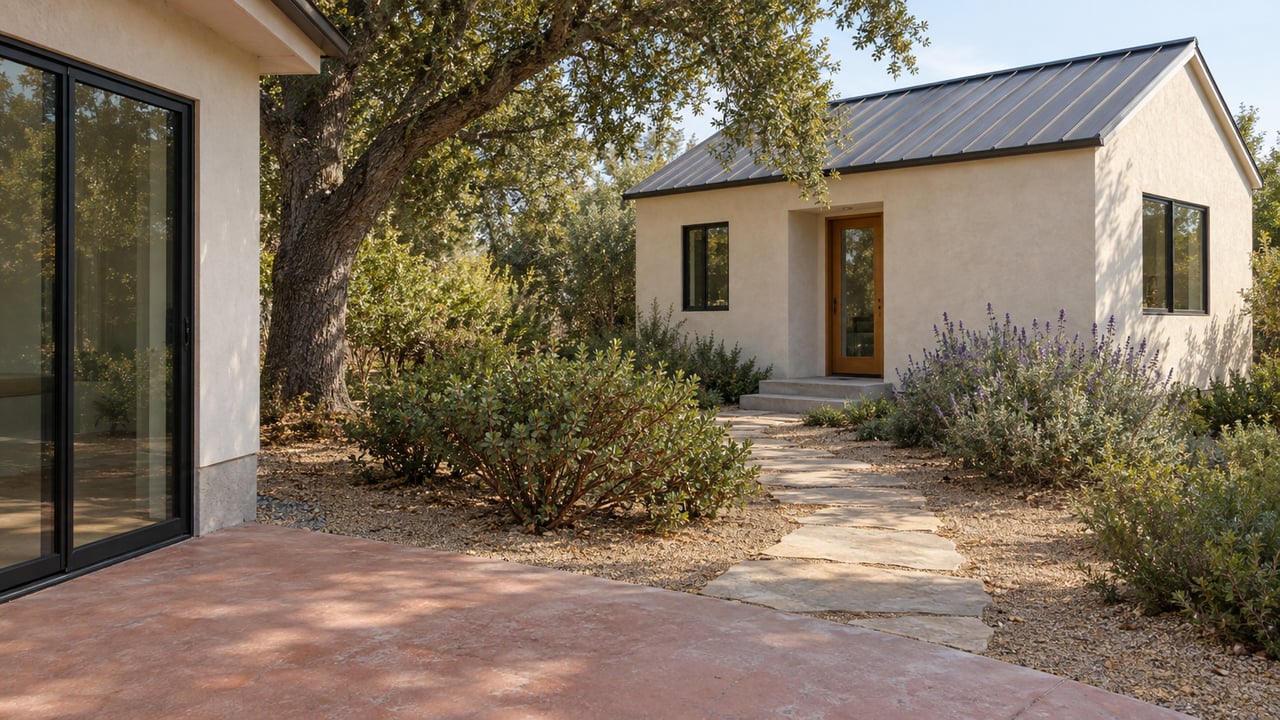 A stone path crosses the garden from a stucco house to a detached lime-colored dwelling with a charcoal roof.