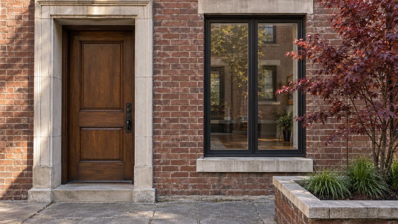 Close view of a russet brick home's oak entrance, limestone trim and steel-framed window beside a red-leaf Japanese maple.