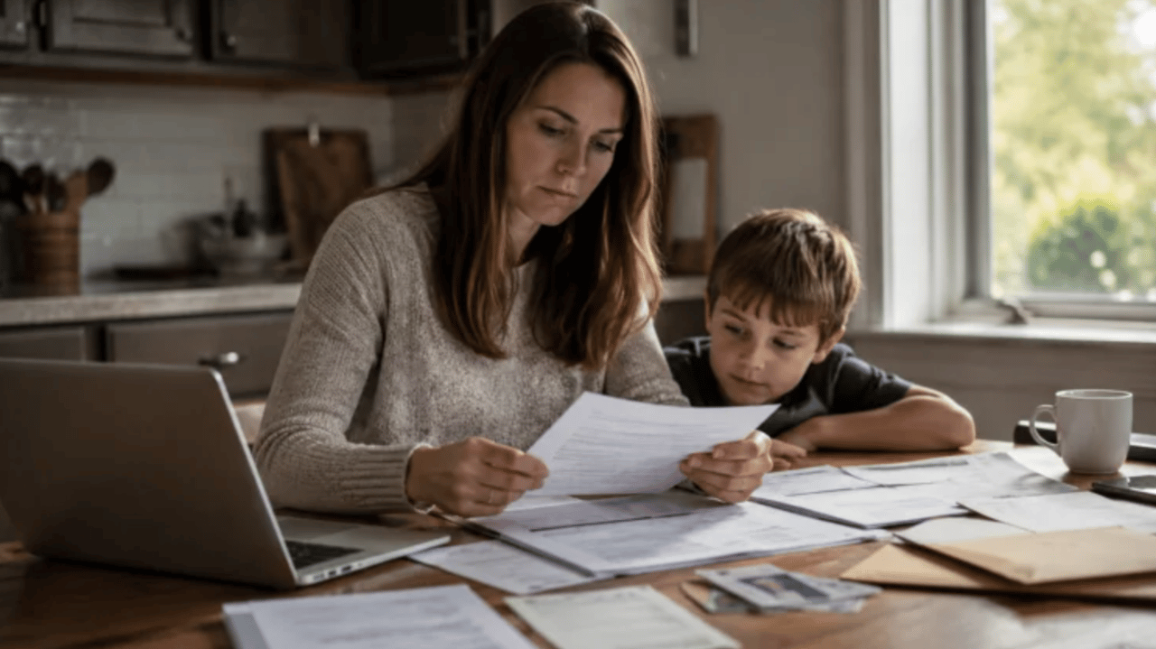 Mother and son reviewing school enrollment paperwork at home before a move to Delaware County, Ohio