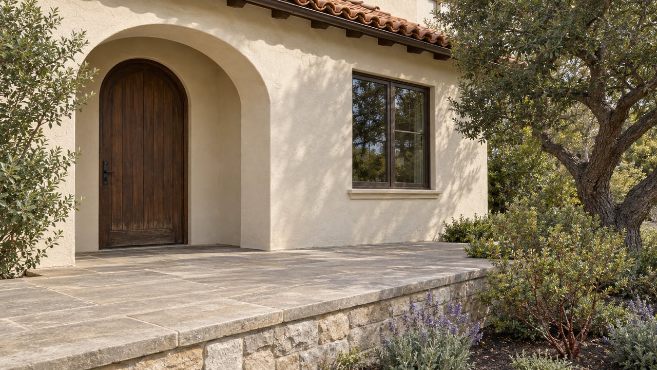 Cream stucco home with a clay-tile roof, recessed arched oak entry, dark-framed window, and limestone landing above a stone-walled planting terrace.